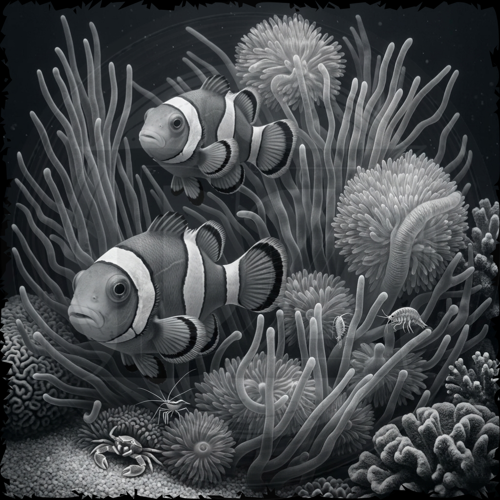 Two clownfish swimming among coral in a black and white illustration.