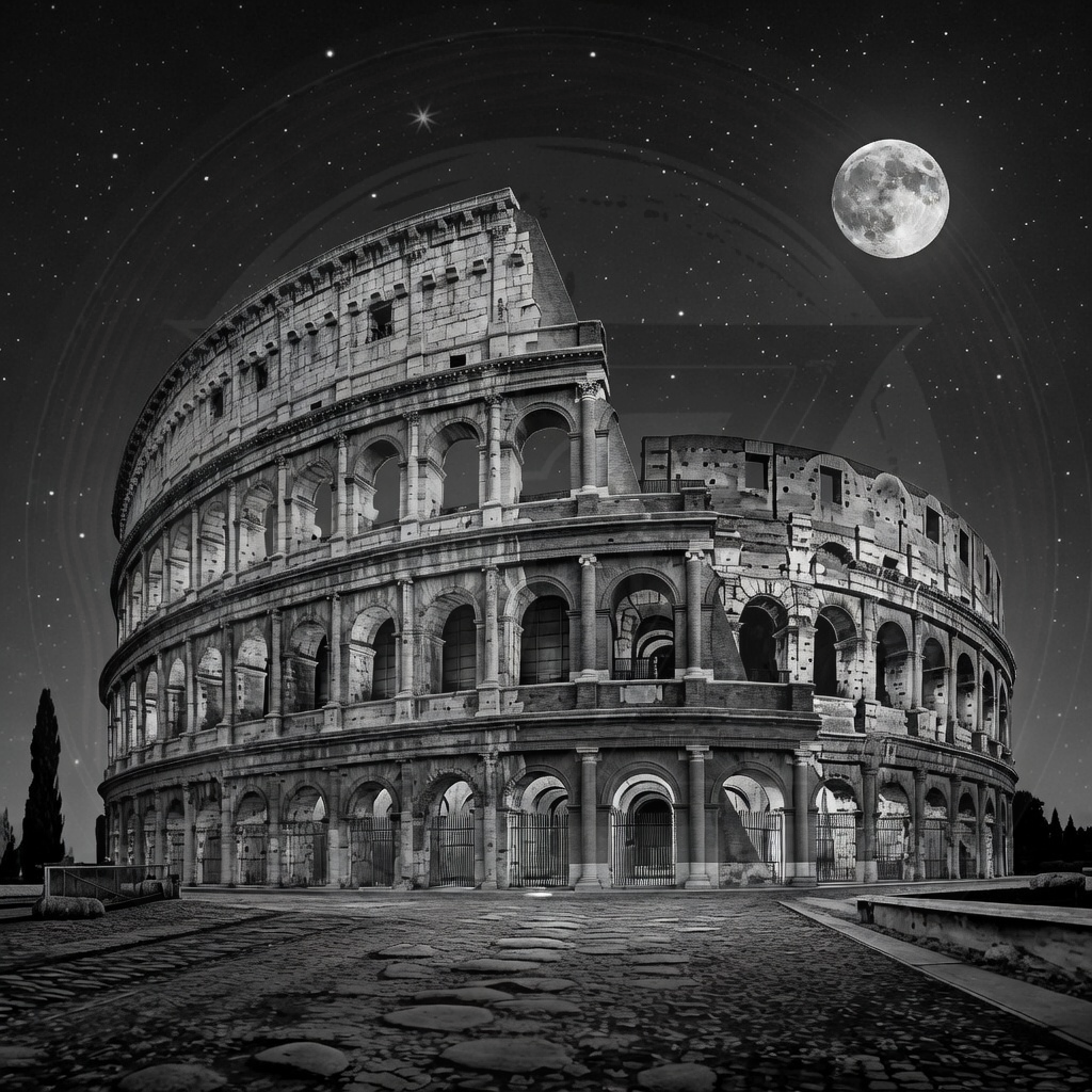 Black and white image of the Colosseum under a starry night sky with a moon.