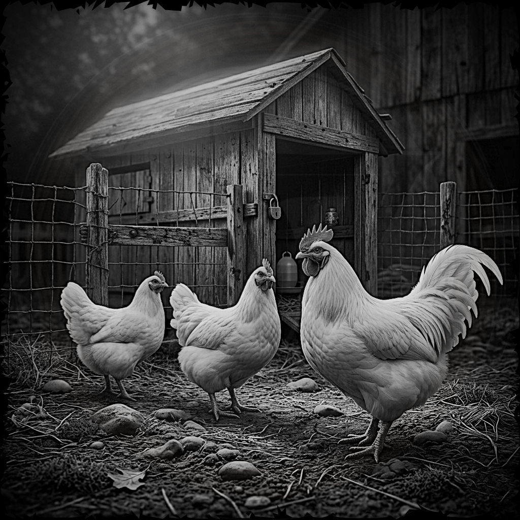 Three chickens in a barnyard with a wooden coop in the background.