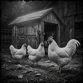 Three chickens in a barnyard with a wooden coop in the background.