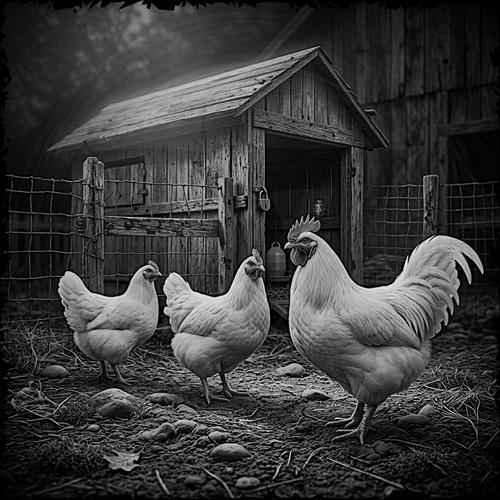 Three chickens in a barnyard with a wooden coop in the background.