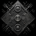 Complex black mechanical design with gears and circuit patterns on a black background