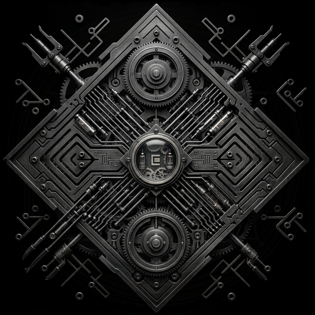 Complex black mechanical design with gears and circuit patterns on a black background