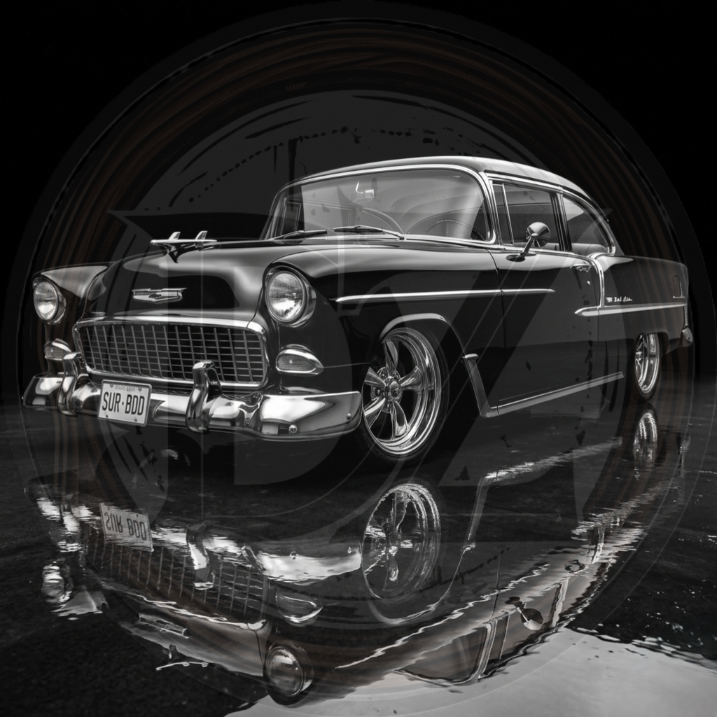 Black and white classic car in a tunnel