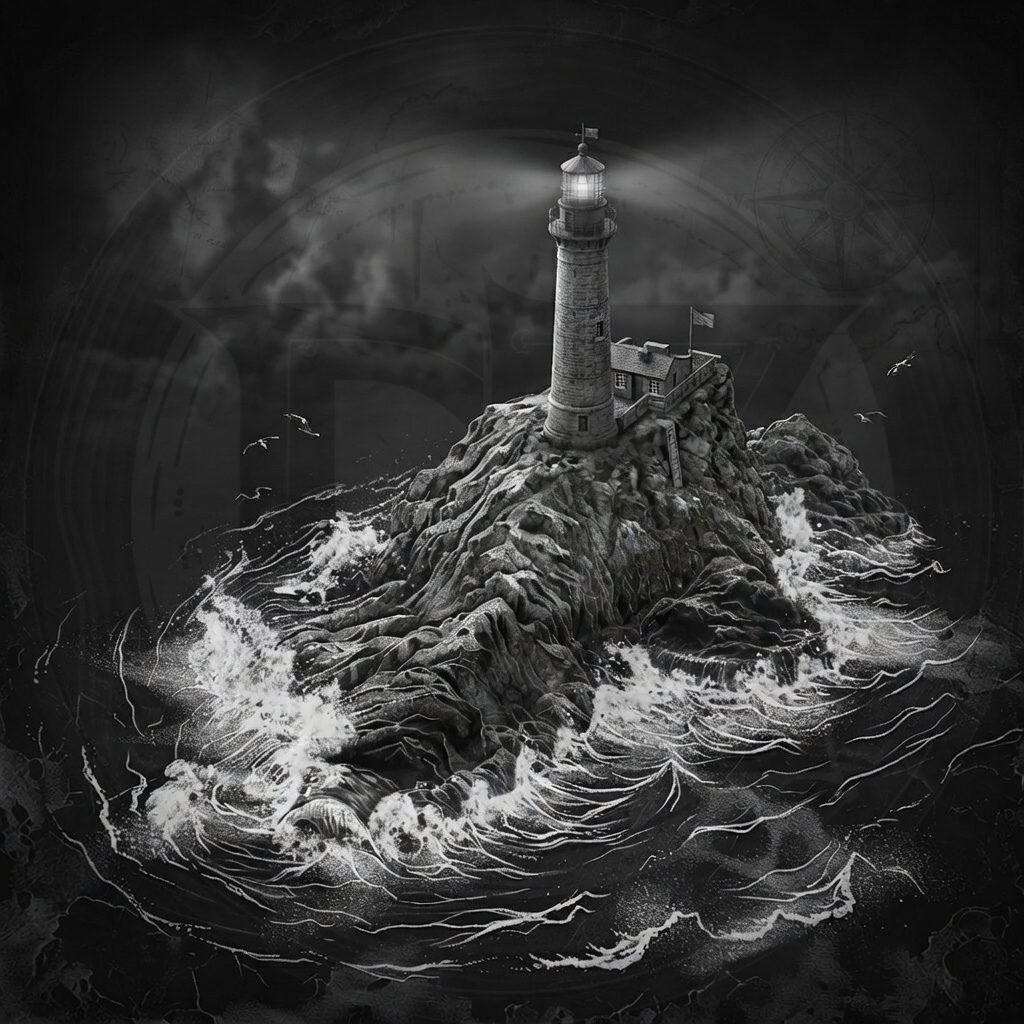 Lighthouse on a rocky island with stormy sea and dark sky