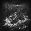 Lighthouse on a rocky island with stormy sea and dark sky