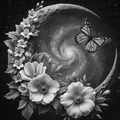 Black and white illustration of a butterfly and flowers with a spiral galaxy in the center.