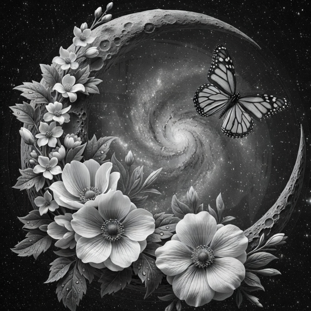 Black and white illustration of a butterfly and flowers with a spiral galaxy in the center.