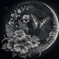 Black and white illustration of a butterfly and flowers on a celestial background