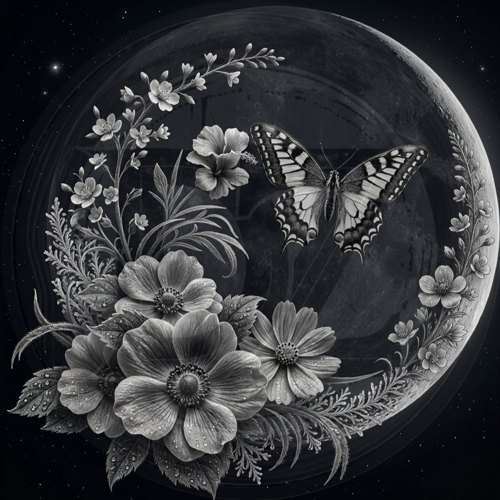 Black and white illustration of a butterfly and flowers on a celestial background