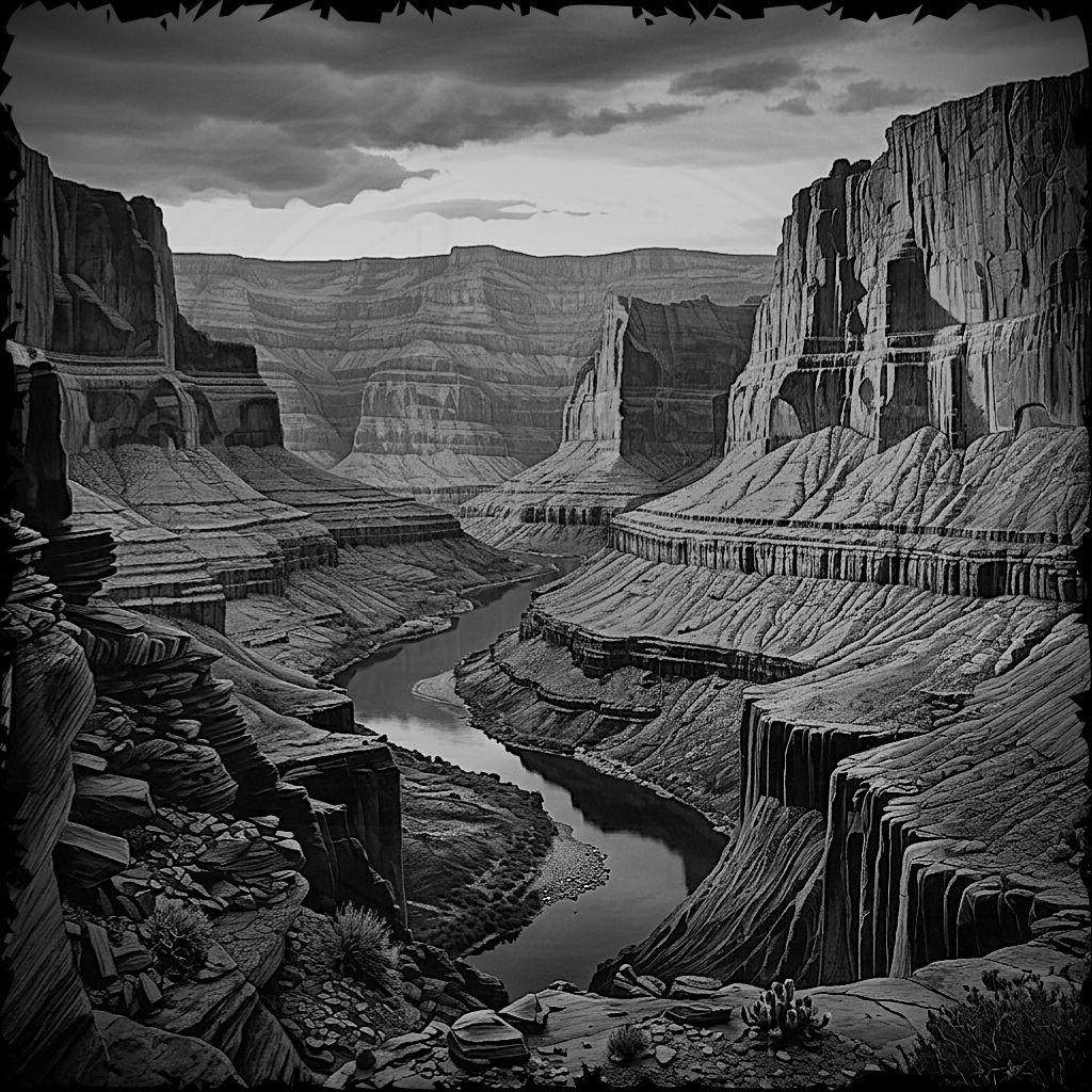 Black and white photograph of a canyon with a river running through it