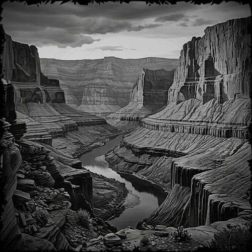 Black and white photograph of a canyon with a river running through it