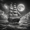 Sailing ship on choppy waters under a full moon and starry sky