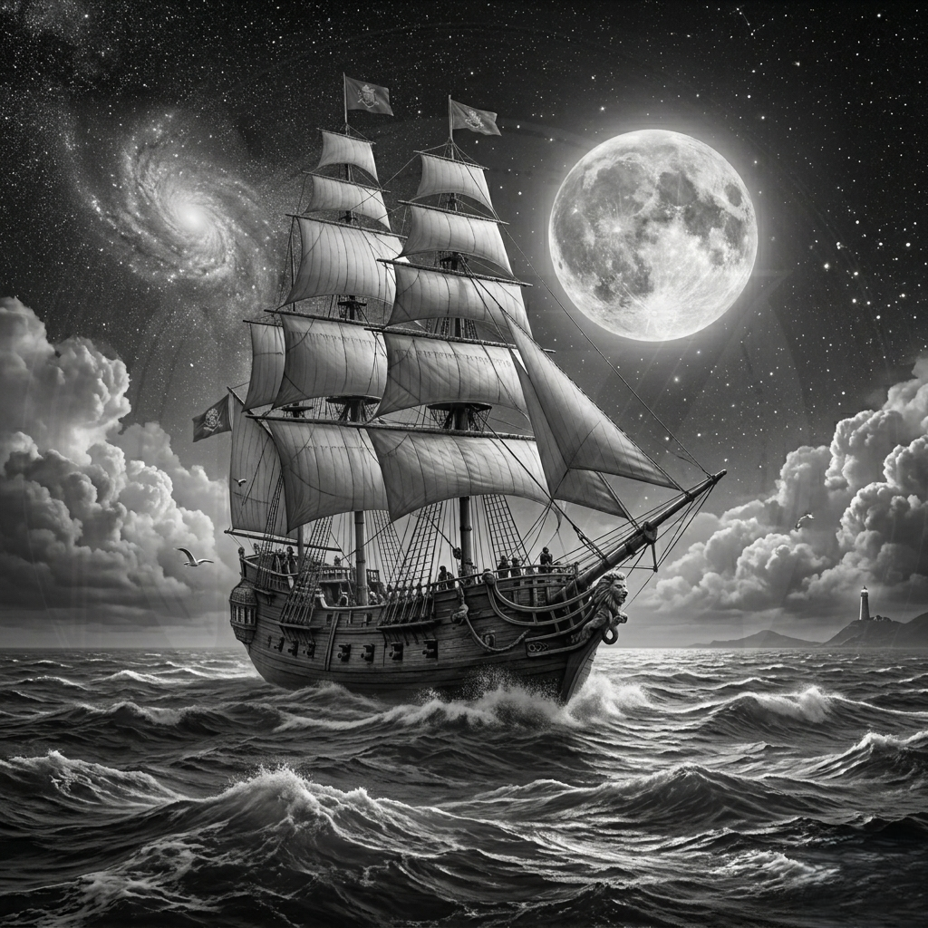 Sailing ship on choppy waters under a full moon and starry sky