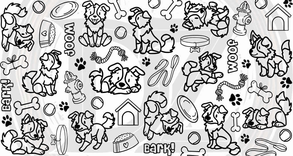 Circular stamping plate with black dog-themed designs on a white background