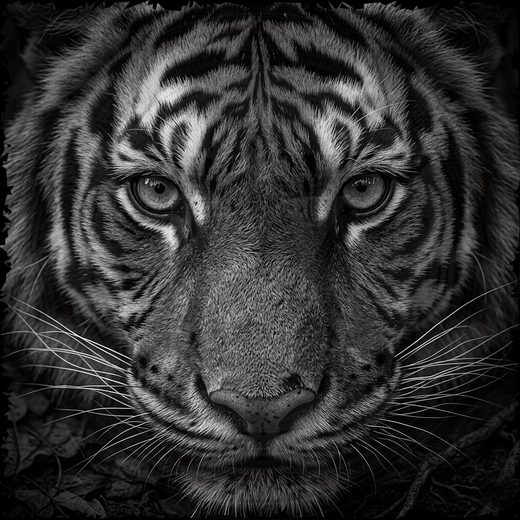 Close-up black and white photo of a tiger's face