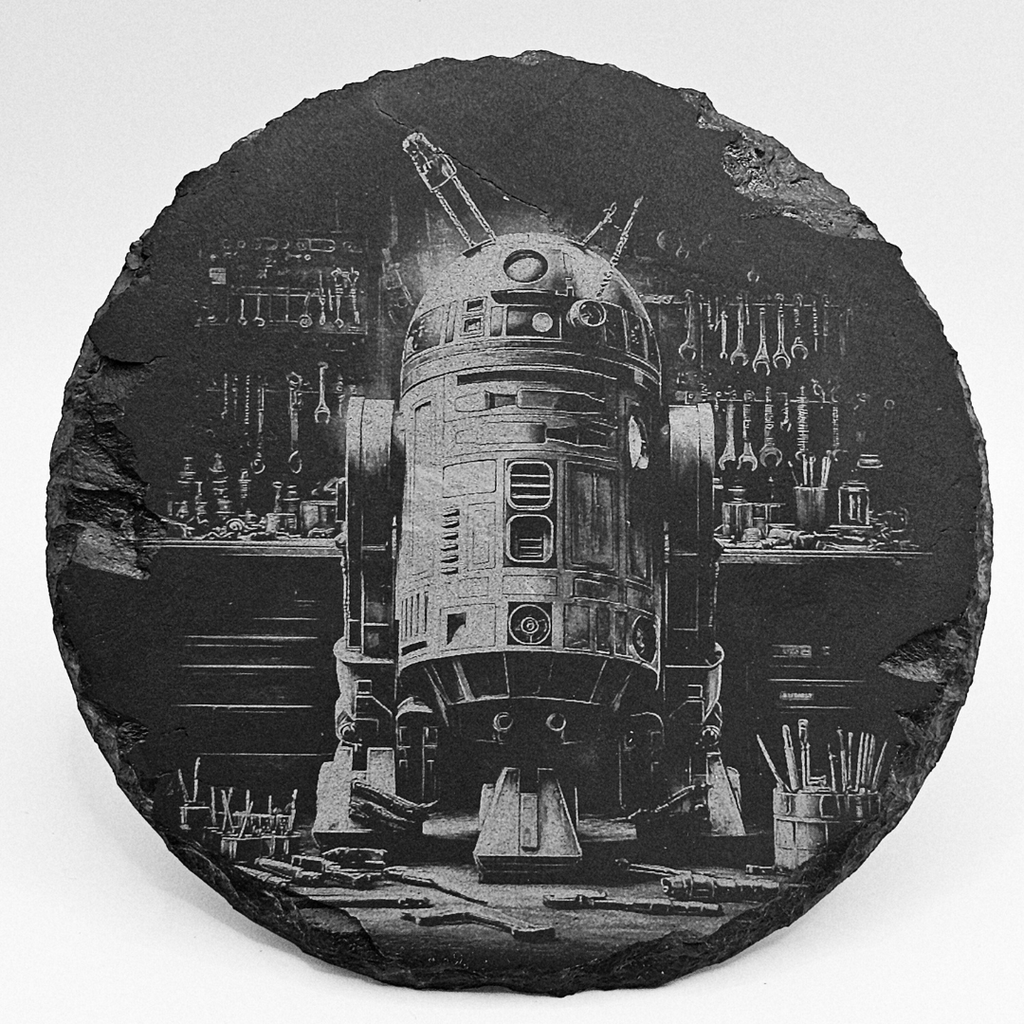 Decorative stone with a detailed engraving of a robot in a workshop