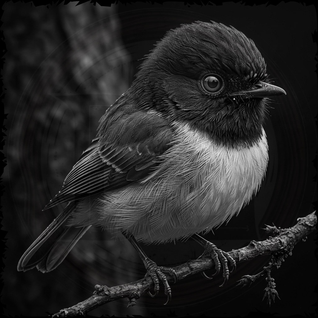 Black and white bird perched on a branch with a dark background