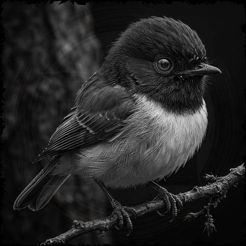 Black and white bird perched on a branch with a dark background