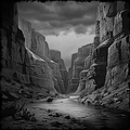 Stylized black and white canyon with a river running through it