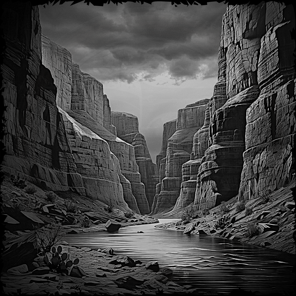 Stylized black and white canyon with a river running through it