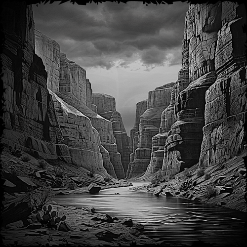Stylized black and white canyon with a river running through it