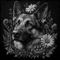 Black and white illustration of a dog surrounded by flowers and plants on a dark background