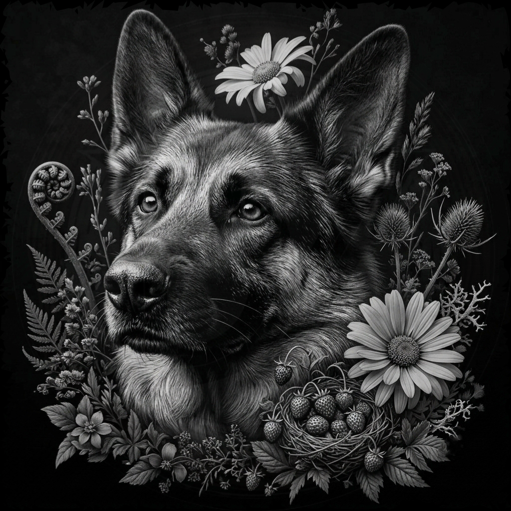 Black and white illustration of a dog surrounded by flowers and plants on a dark background