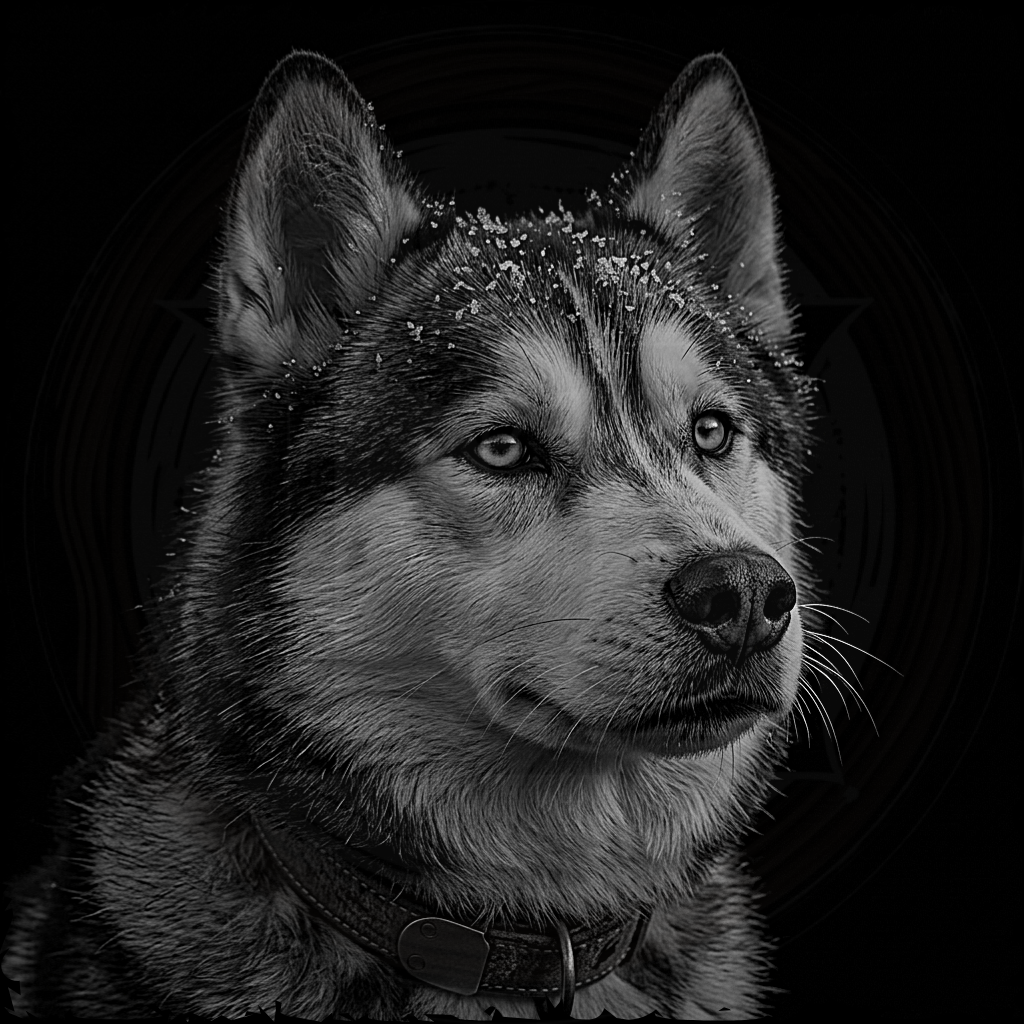 Black and white portrait of a husky dog with a dark background