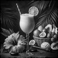 Black and white still life with a cocktail, fruits, and a flower.