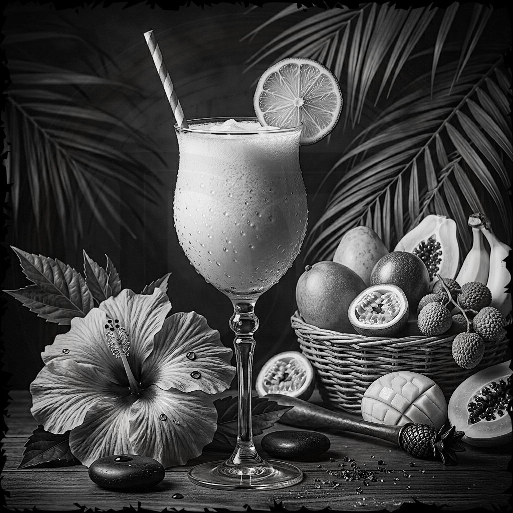 Black and white still life with a cocktail, fruits, and a flower.