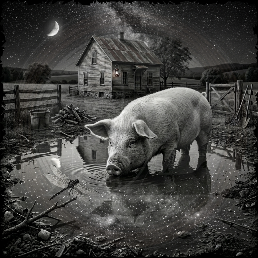 Pig standing in a pond with a rustic house and starry night sky in the background