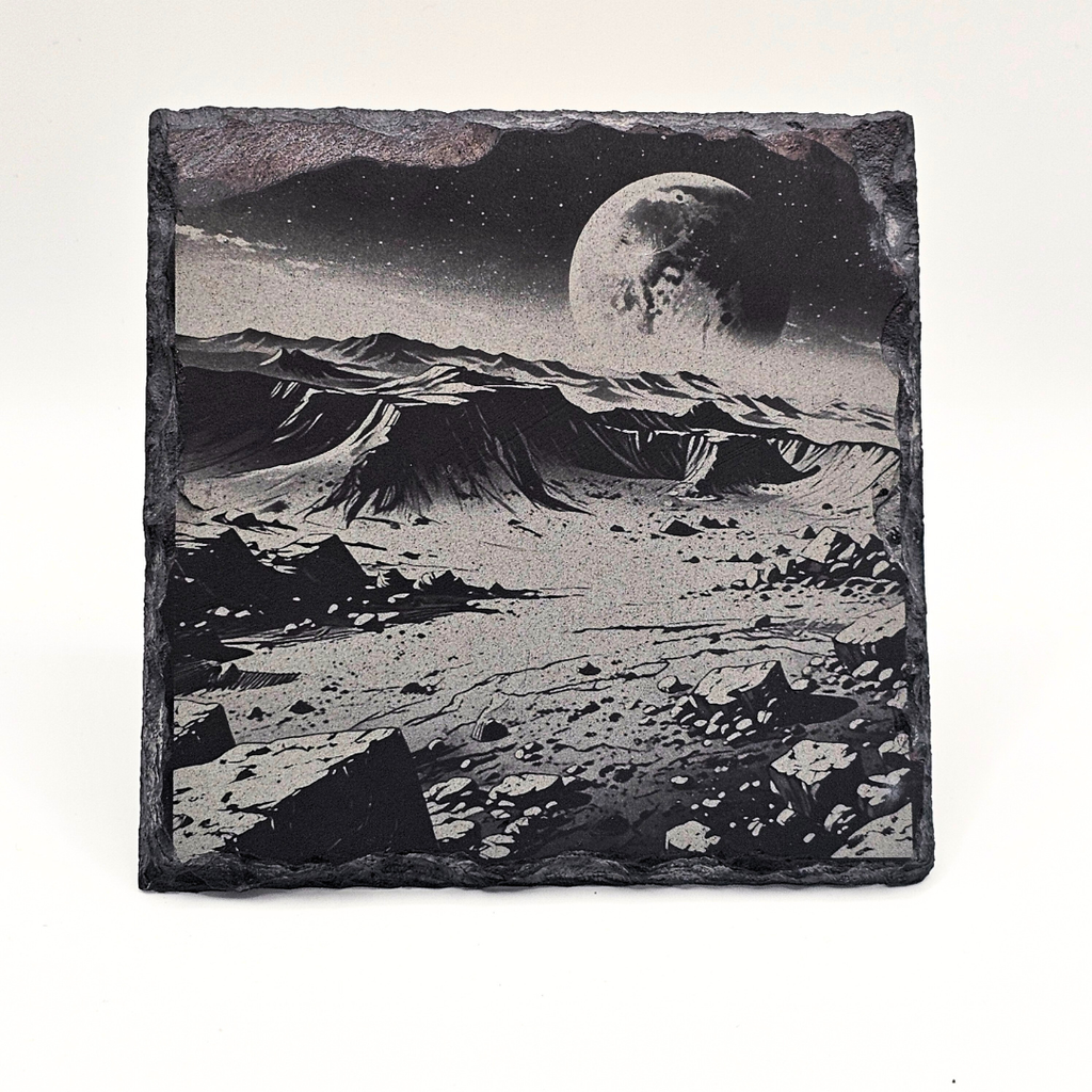 Decorative tile with a moonlit landscape design on a white background