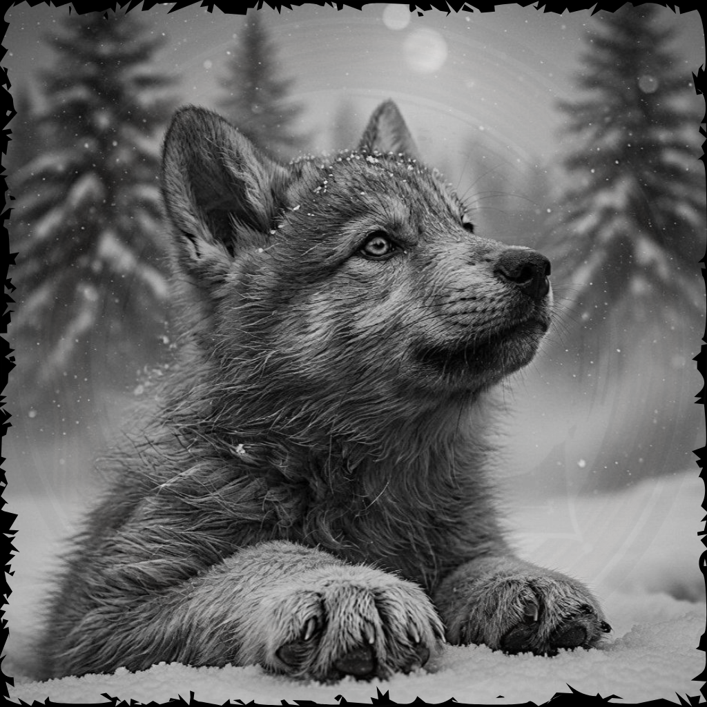 Wolf cub in a snowy forest with a blurred background