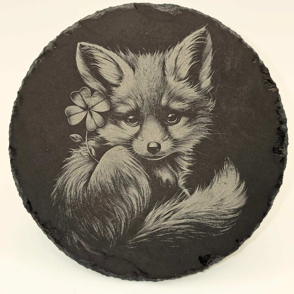 Round slate coaster with a black and white illustration of a fox holding a flower.