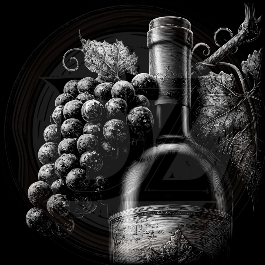 Black and white illustration of a wine bottle and grapes with detailed labels.