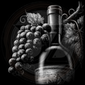 Black and white illustration of a wine bottle and grapes with detailed labels.