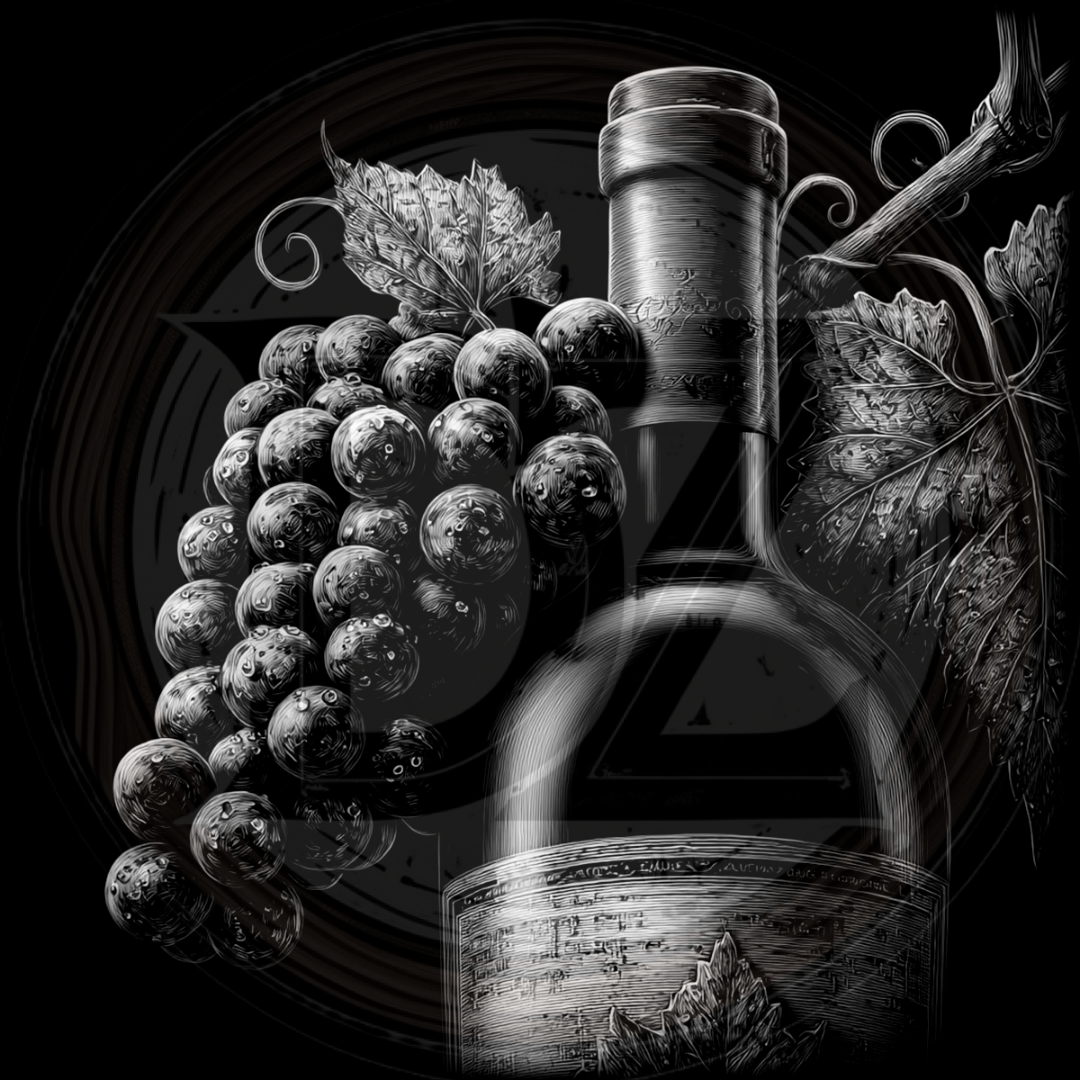 Black and white illustration of a wine bottle and grapes with detailed labels.