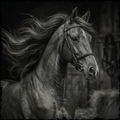 Black and white horse with flowing mane against a dark background