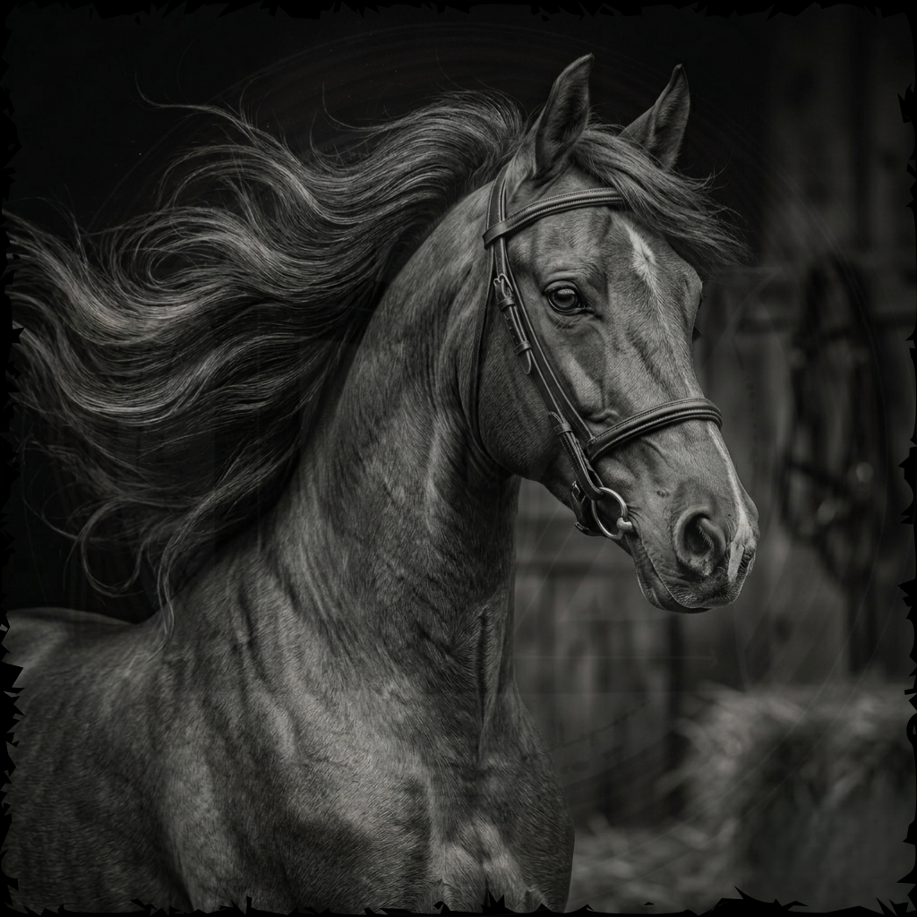 Black and white horse with flowing mane against a dark background