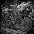 Vintage bicycle with flower baskets on a stone path