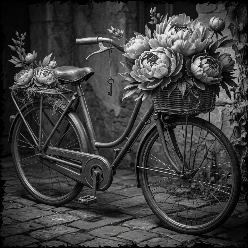 Vintage bicycle with flower baskets on a stone path