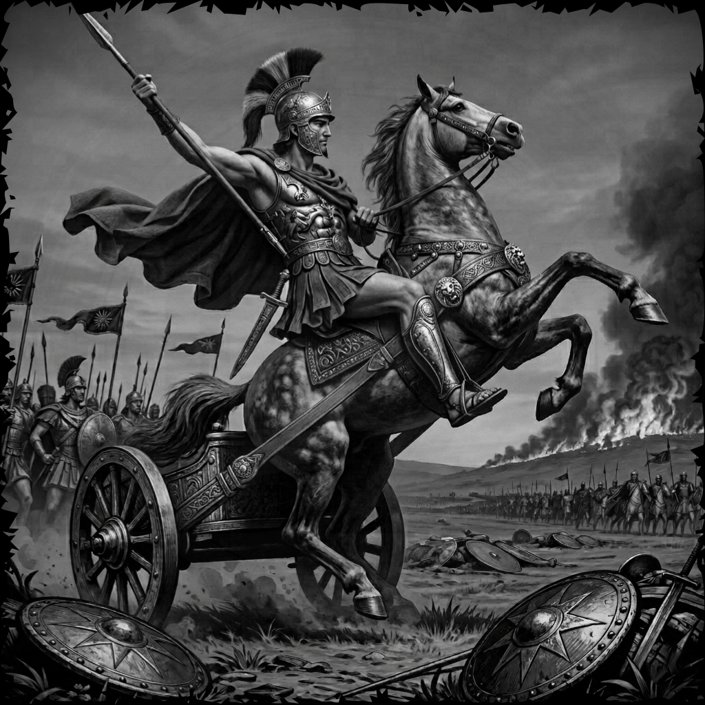 Warrior on horseback with chariot and soldiers in the background