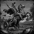 Warrior on horseback with chariot and soldiers in the background