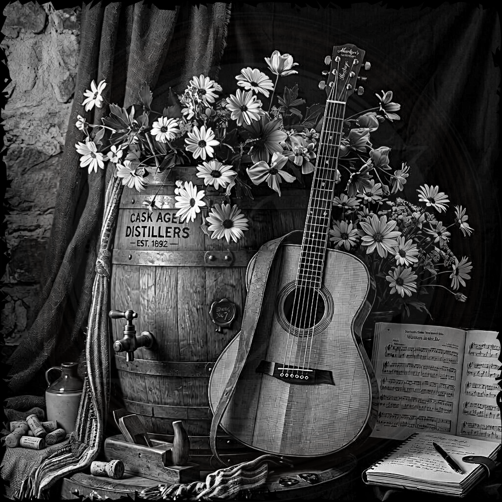 Acoustic guitar leaning against a barrel with flowers and an open book on a rustic setting