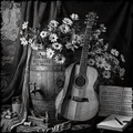 Acoustic guitar leaning against a barrel with flowers and an open book on a rustic setting
