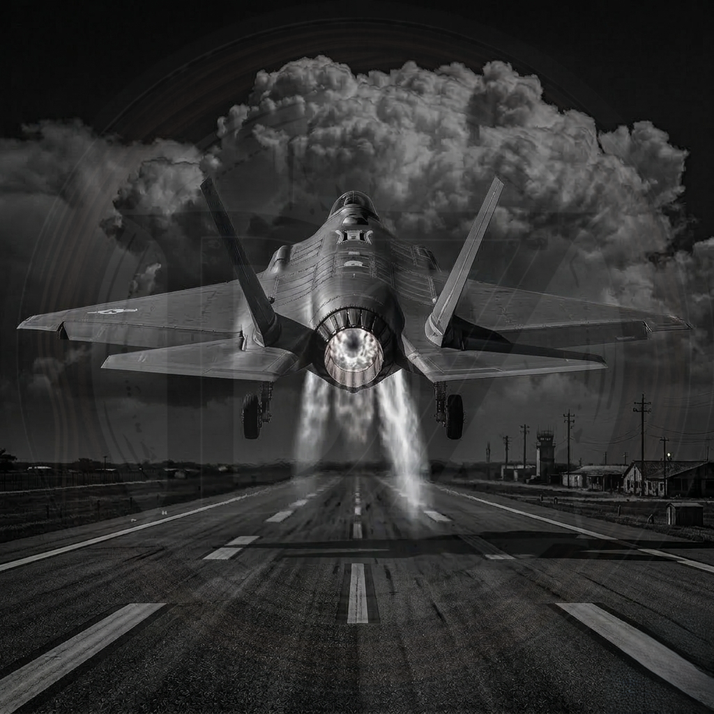 F-35 fighter jet taking off with a dramatic cloud formation in the background.