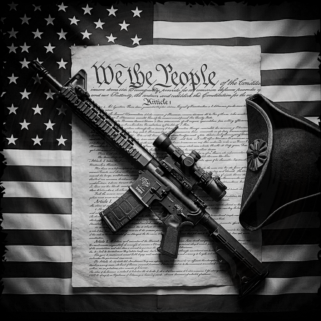 Rifle with scope on a document titled 'We the People' on an American flag