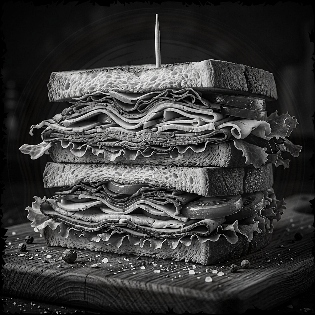 Stack of layered sandwich on a wooden board with a black background