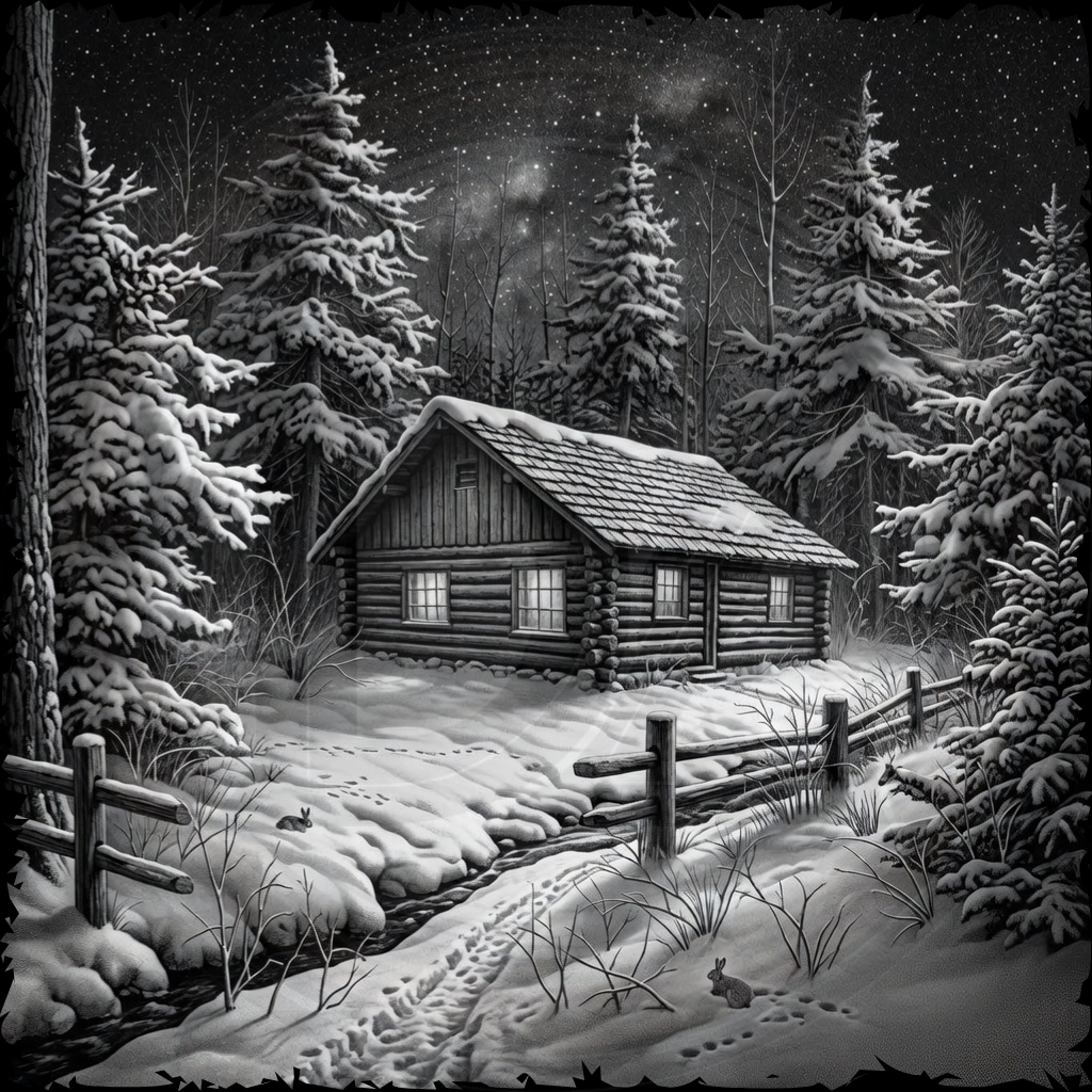 Log cabin in a snowy forest at night